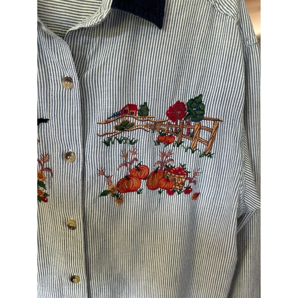 Vintage 90 Embroidered Striped Button Up Fall Autumn Scarecrow Corduroy Collar L - Picture 3 of 6